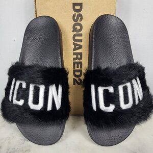 NWB~$825~DSQUARED2~8/8.5~ICON BLACK WHITE GENUINE RABBIT FUR SANDALS SLIDES